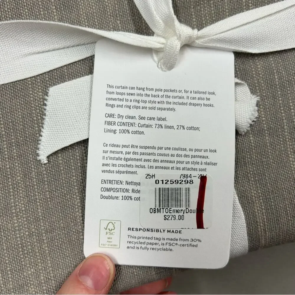 Pottery Barn Emery Curtain Window Panel Linen Light Filtering 100